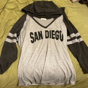 Sweet Gisele large v-neck with hood. Fits like a small